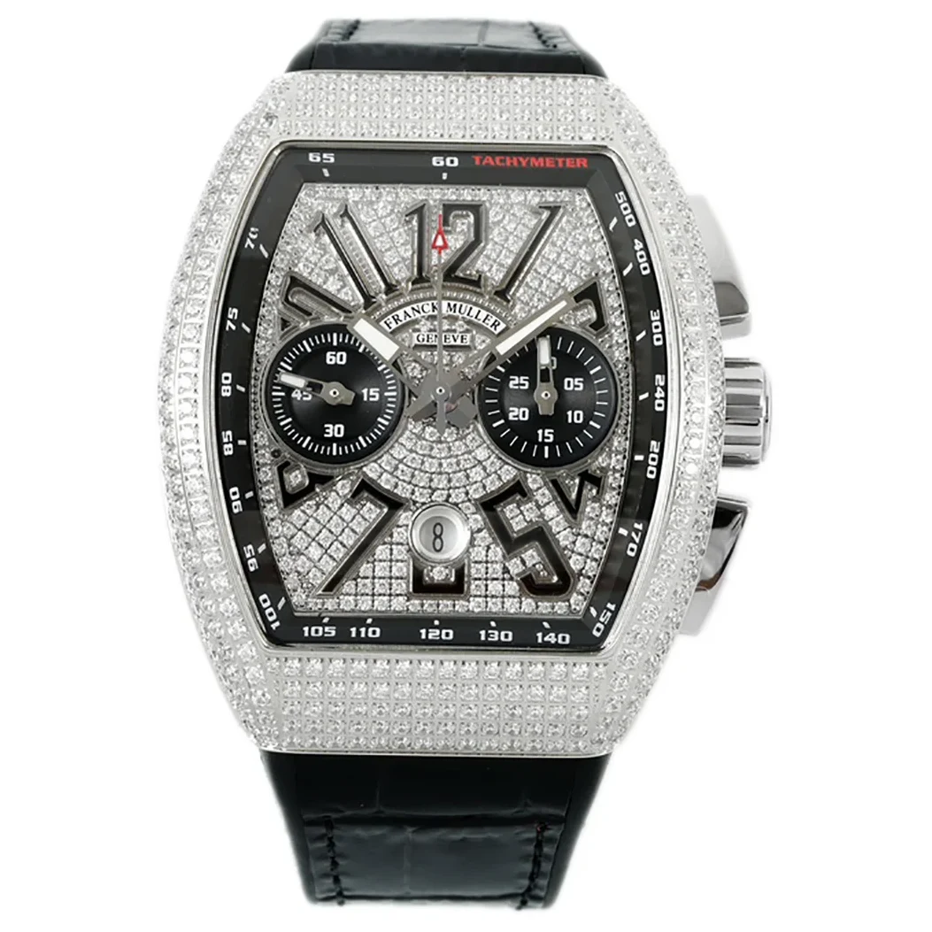 Vanguard V45 Chronograph Diamond/Black Dial with Diamond Marker and Diamond Bezel in Steel on Leather Strap