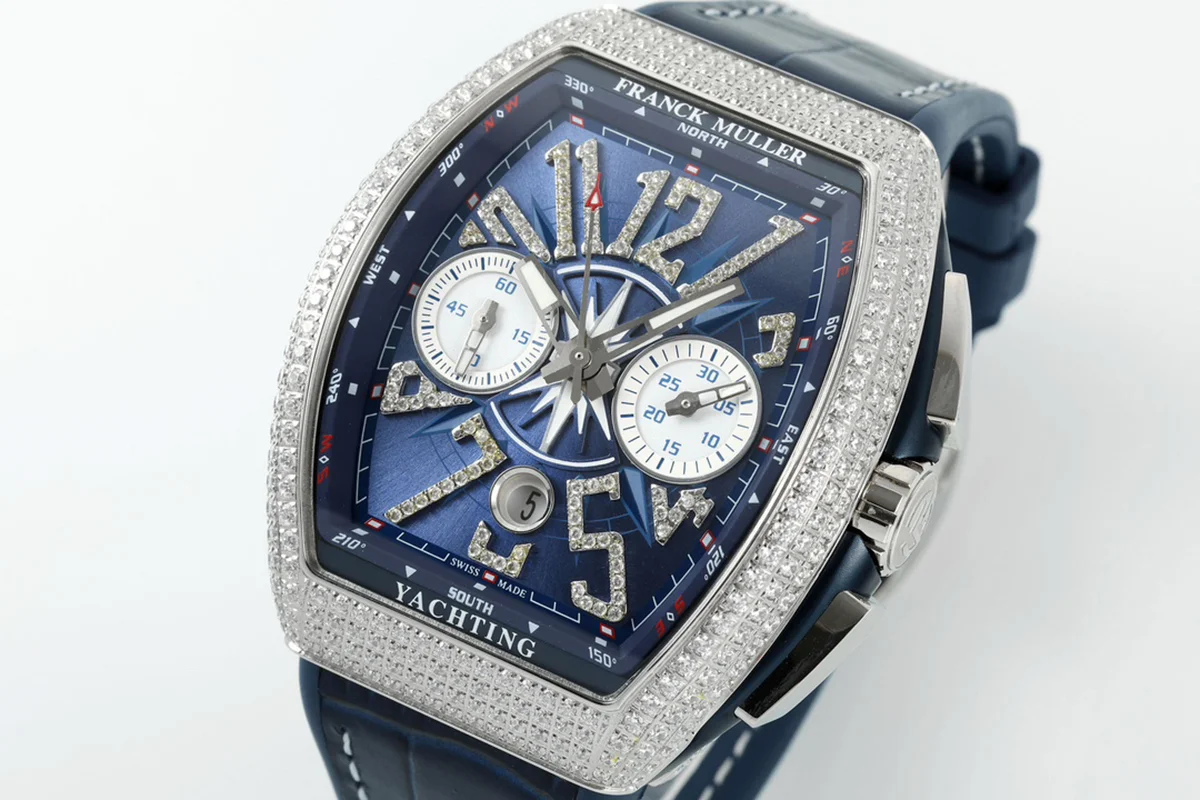 Vanguard V45 Chronograph Diamond/Blue Dial with Diamond Marker and Diamond Bezel in Steel on Leather Strap