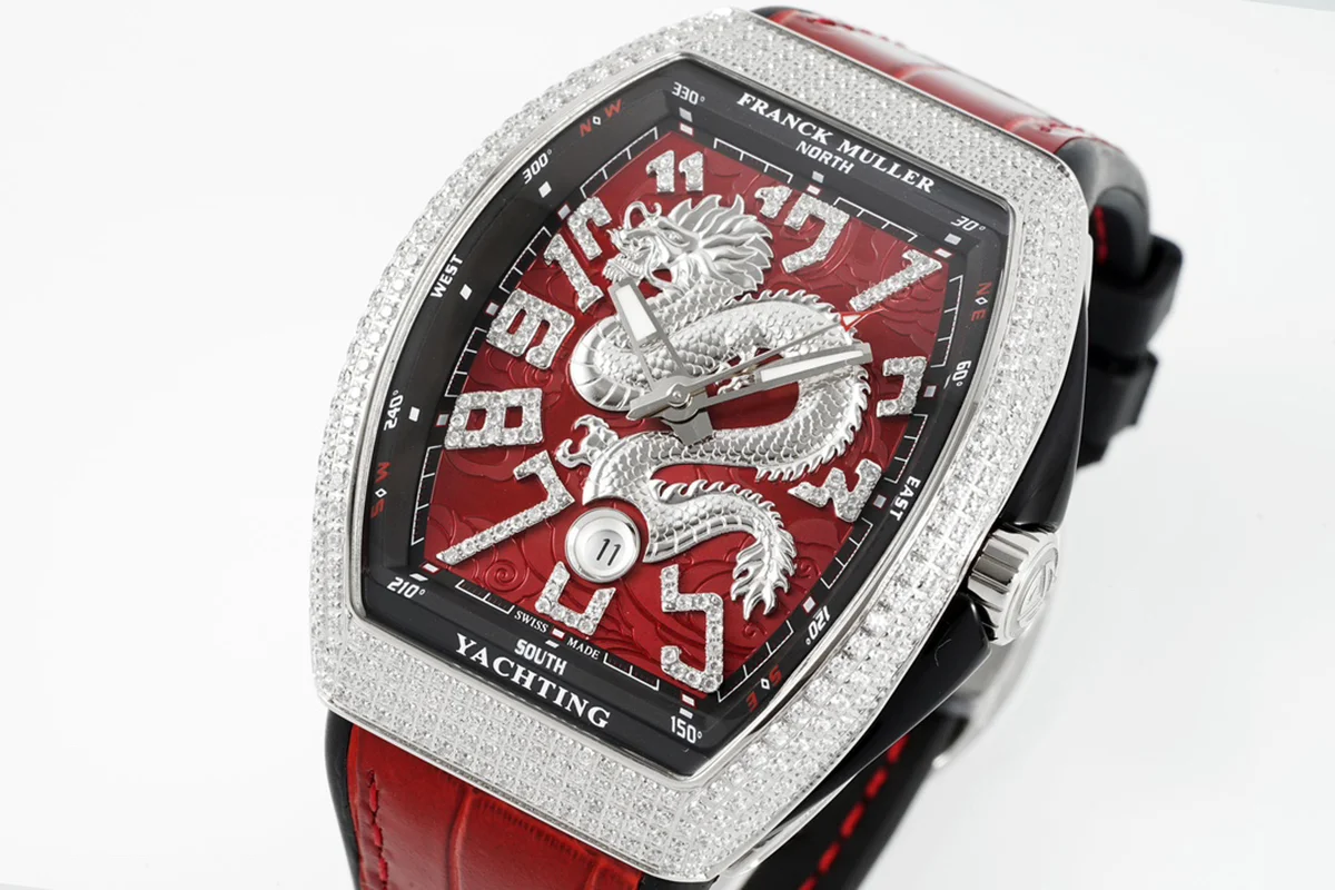 Vanguard Yachting Dragon V45YT Red Dial with Diamond Bezel on Red Leather Strap