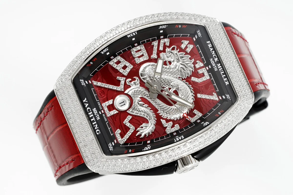 Vanguard Yachting Dragon V45YT Red Dial with Diamond Bezel on Red Leather Strap