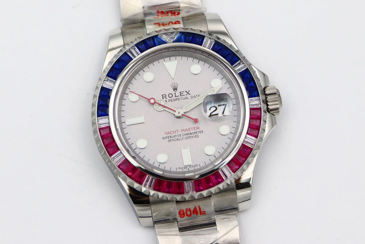 Yacht-Master 116622 Platinum Dial with Red and Blue Diamond Bezel
